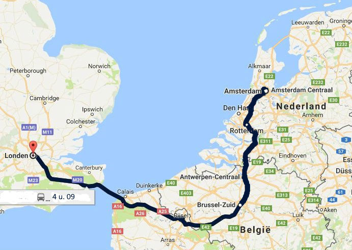 Spoorverbinding Londen-Brussel-Rotterdam-Amsterdam, bron: Google Maps