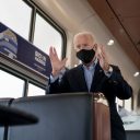 Joe Biden maakte tijdens de presidentsverkiezingen een tour in een Amtrak-trein, foto: ANP