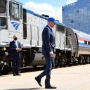 Joe Biden spreekt op het 50-jarig jubileum van spoorvervoerder Amtrak, foto: ANP