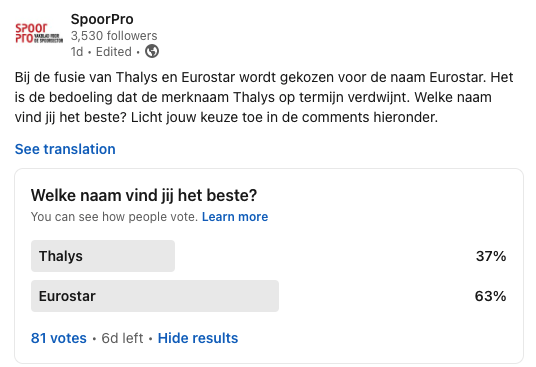 Uitslag poll Thalys / Eurostar