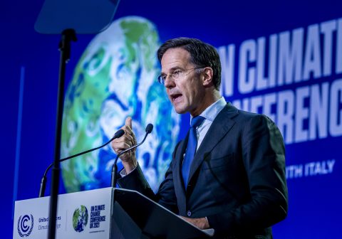 Premier Mark Rutte houdt een toespraak tijdens de COP26, de Klimaatconferentie van de Verenigde Naties in Schotland, foto: ANP