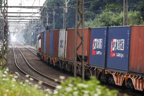 Een goederentrein van vervoerder LTE met een containertrein afkomstig uit China passeert over de spoorlijn Deventer, foto: ANP