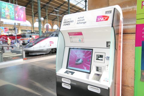 Gare du Nord train station ticket vending machine in Paris, France.
